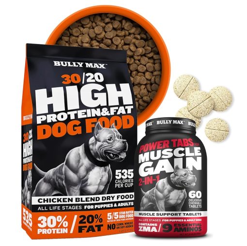 Bully Max High Protein & Fat Dry Dog Food (40 lb Bag) + 2-in-1 Muscle Builder Chewable Tabs (60 Tablet Bottle) for Puppies & Adult Dogs - High Performance Dog Food & Muscle...
