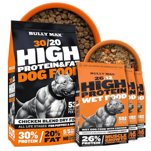 Bully Max High Protein & Fat Dry Dog Food (40 lb. Bag) + Instant Fresh Dehydrated Wet Food with Chicken (6lb Dry, Makes 16.5lb Wet Food) – Ultimate Muscle & Weight Gain Combo...