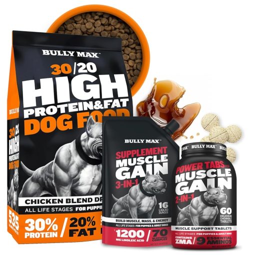 Bully Max Muscle Building & High Protein Food Power Pack - Muscle Builder 60 Tabs, Dry Dog Food 40lbs & Liquid Supplement Bundle - Fuels Growth, Strength & Peak Performance for...