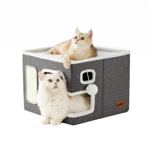 Cat Beds for Indoor Cats - Large Cat House for Pet with Fluffy Ball Hanging and Scratch Pad, Foldable Cat Hideaway,16.5x16.5x13 inches, Grey