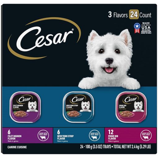 CESAR Adult Soft Wet Dog Food Filets in Gravy Variety Pack, Filet Mignon, New York Strip and Prime Rib Flavors, (24) 3.5 oz. Trays