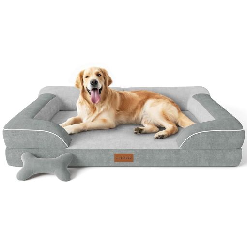 Extra Large Dog Bed - Orthopedic with Cooling Gel Memory Foam, Waterproof XL with Removable Washable Cover, 42" Dog Sofa Couch Dutch Velvet with Bone Toy, Light Gray