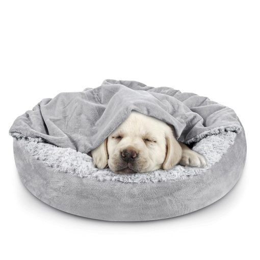 JOEJOY Small Dog Bed Cat Bed with Hooded Blanket, Cozy Cuddler Luxury Puppy Pet Bed, Donut Round Calming Anti-Anxiety Dog Burrow Cave Bed - Anti-Slip Bottom and Machine Washable...