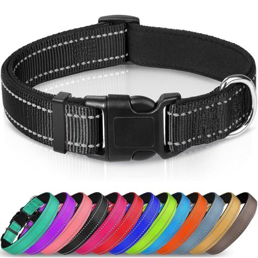 Joytale Reflective Dog Collar,Soft Neoprene Padded Breathable Nylon Pet Collar Adjustable for Large Dogs,Black,L