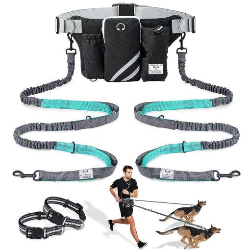 SHINE HAI Retractable Hands Free Dog Leash with Dual Bungees for 2 Dogs, Adjustable Waist Belt Fanny Pack, Reflective Stitching Leash for Running Walking Hiking Jogging Biking...