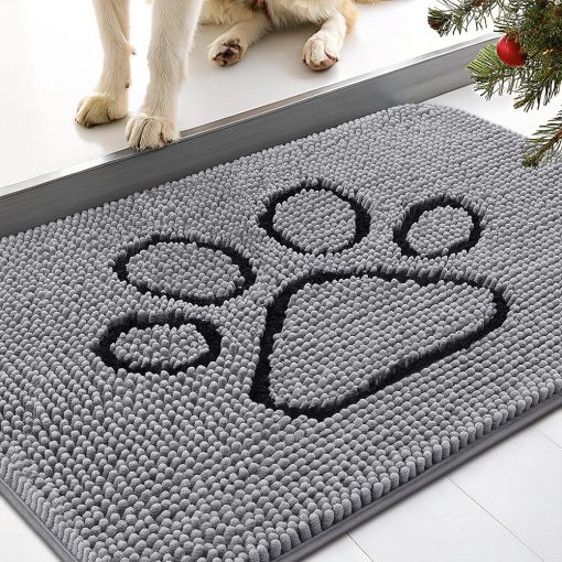 Smiry Dog Door Mat for Muddy Paws, Absorbent Dirt Trapper Non-Slip Washable Mat, Quick Dry Chenille, Mud Mat for Dogs, Entry Indoor Door Mat for Inside Floor (30x20 Inches, Grey)