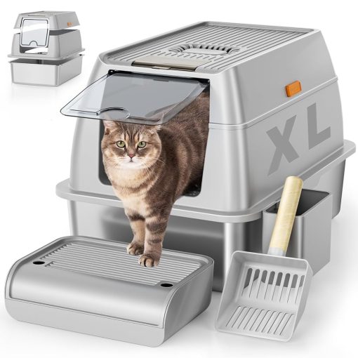 Stainless Steel Cat Litter Box with Lid, XL Extra Large Litter Box for Big Cats, Enclosed Removable Metal Litter Box with High Sided Enclosure & Scoop, Anti-Leakage, Non-Sticky,...