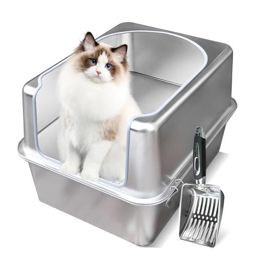 Stainless Steel Litter Box with Metal Lid and Scoop - Enclosed Metal Litter Box for Large Cats, Rust-Resistant, Odor-Control, Easy to Clean, Durable & Long-Lasting with Round...