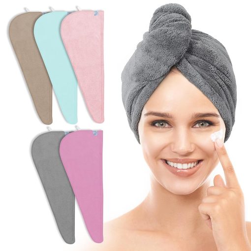 TENSTARS 5 Pack Thicken Microfiber Hair Towel Wrap for Women - Elastic Loop Design - 320GSM Coral Velvet - Quick Dry Hair Turban - 11x28 Inch...