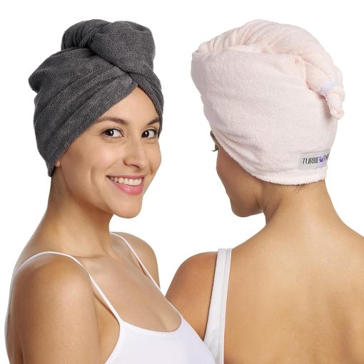 Turbie Twist 2-Pack Microfiber Hair Towel for Beauty, Travel, Gifting - Hair Wrap Turban for Straight, Wavy & Curly Hair - Premium Hair Care - Grey & Light Pink
